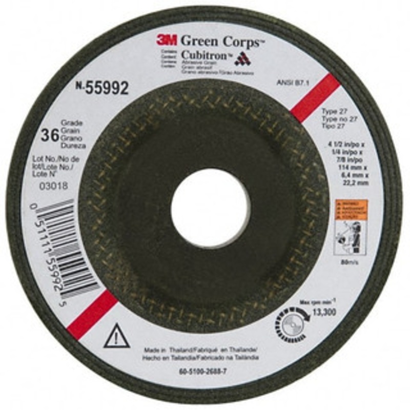 3M 36 Grit, 4-1/2 Wheel Diam, 1/4 Wheel Thickness, 7/8 Arbor Hole, Type 27 Depressed Center Wheel Ceramic, 13,300 Max RPM, Compatible with Angle Grinder 7000118599 – 43349554