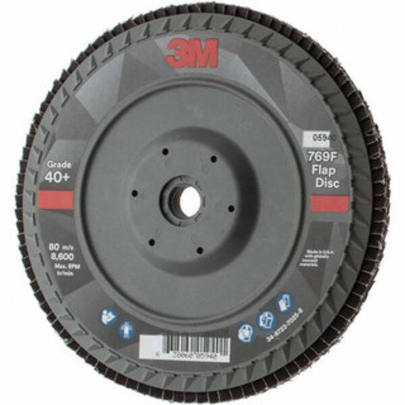 3M 7 5/8-11 Center Hole Type 27 Ceramic Flap Disc Coarse Grade, Coated, Arbor Attachment, Plastic Backing, 8,600 RPM 7100178233 – 11029857