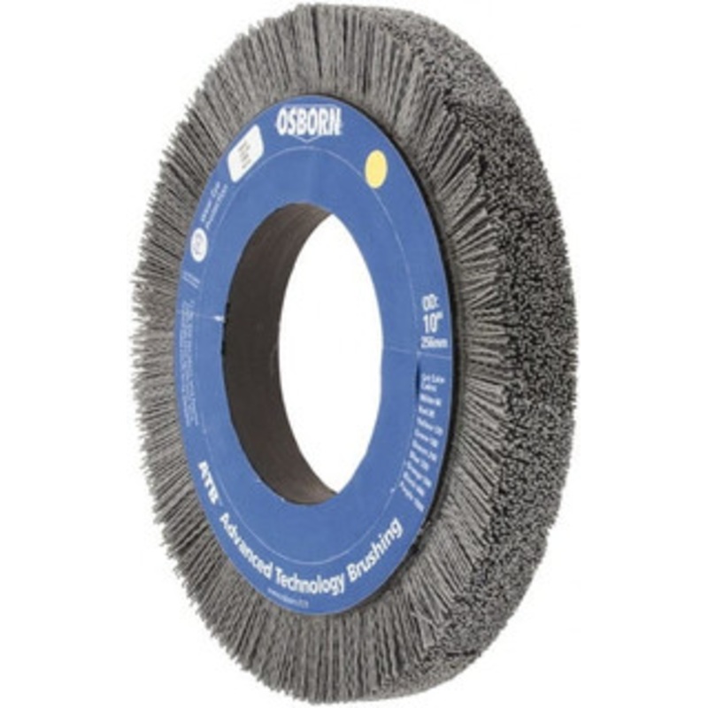 Osborn 10 OD, 4-1/4 Arbor Hole, Crimped Nylon Wheel Brush 1 Face Width, 1-1/4 Trim Length, 0.04 Filament Diam, 3,600 RPM 0004053100 – 01063601