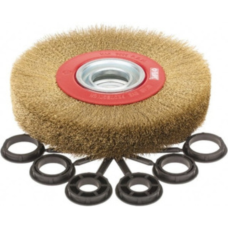 Value Collection 7 OD, 1-1/4 Arbor Hole, Crimped Brass-Coated Steel Wheel Brush 1 Face Width, 1-1/2 Trim Length, 0.007 Filament Diam, 6,000 RPM S04064937 – 04064937