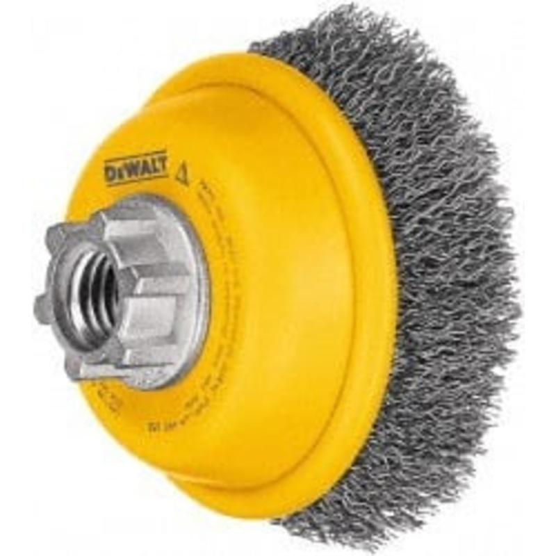 DeWALT 4 Diam 5/8-11 Threaded Arbor Steel Fill Cup Brush Crimped Wire, 0.014 Wire Diam, 1-1/8 Trim, 9,000 Max RPM DW49101 – 60713039