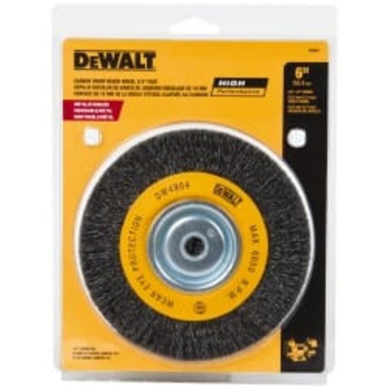 DeWALT 6 OD, 3/8 Arbor Hole, Crimped Steel Wheel Brush 3/4 Face Width, 0.014 Filament Diam, 6,000 RPM DW4904 – 65052490