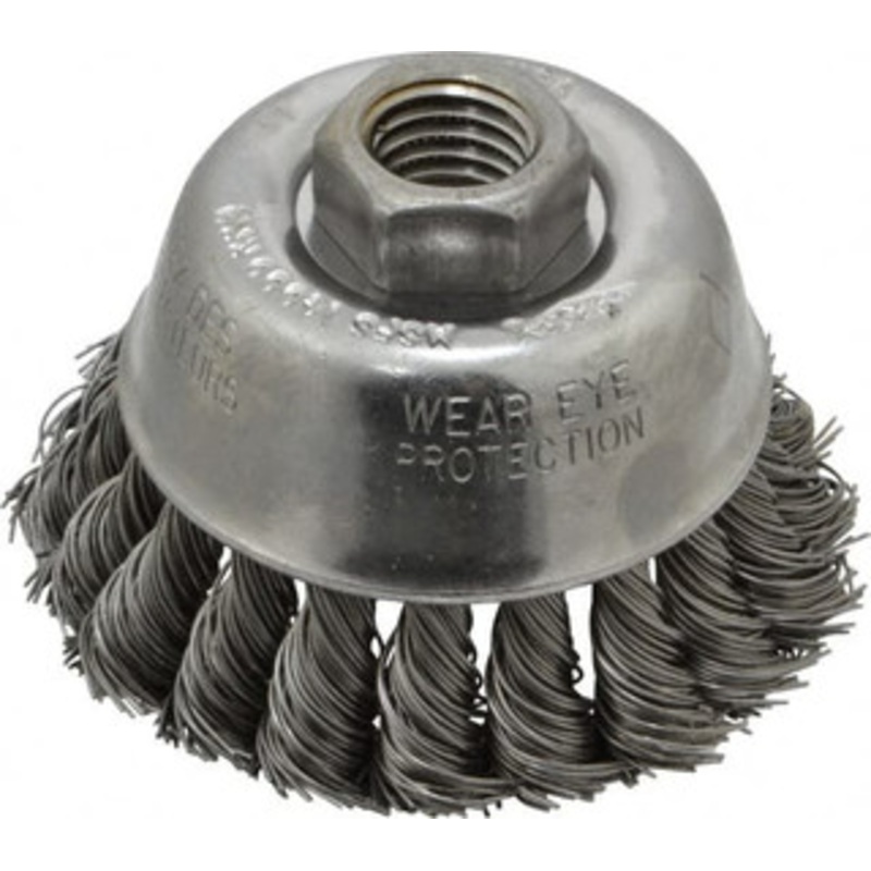 Osborn 2-3/4 Diam 5/8-11 Threaded Arbor Steel Fill Cup Brush Knotted Wire, 0.02 Wire Diam, 14,000 Max RPM 0003356100 – 00221721