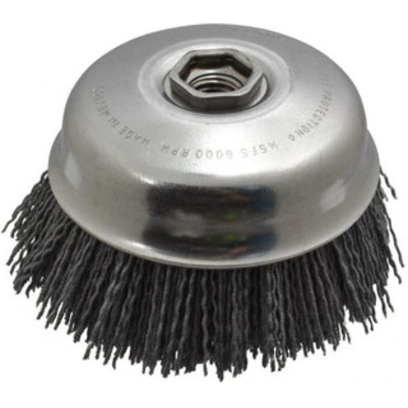 Osborn 4 Diam 5/8-11 Threaded Arbor Nylon Fill Cup Brush Straight Wire, Silicon Carbide Abrasive, 1-1/2 Trim, 6,000 Max RPM 0003213700 – 00221952