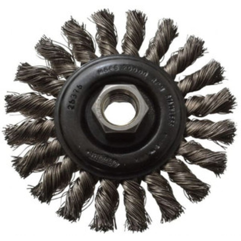 Osborn 4 OD, 5/8-11 Arbor Hole, Knotted Stainless Steel Wheel Brush 3/8 Face Width, 7/8 Trim Length, 0.014 Filament Diam, 20,000 RPM 0002671700 – 06082739