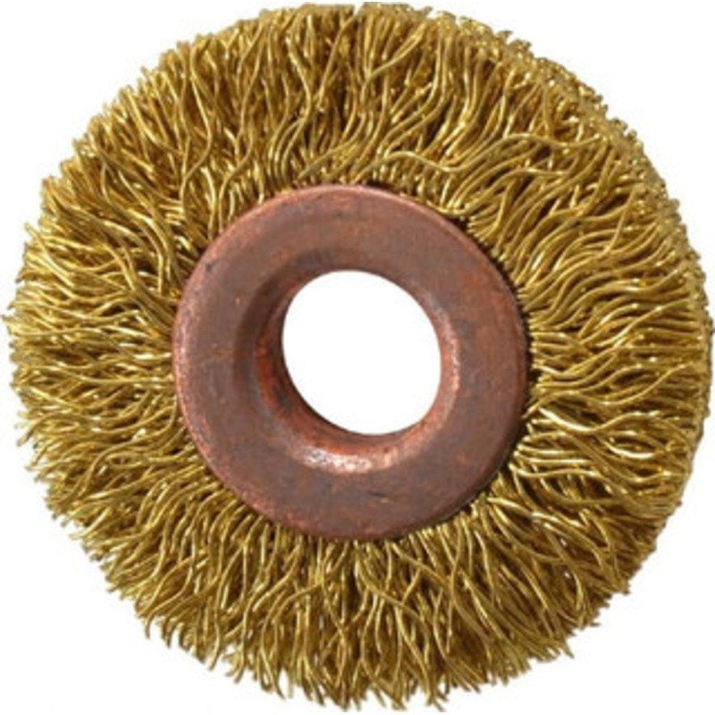 Value Collection 1-1/2 OD, 3/8 Arbor Hole, Crimped Brass Wheel Brush 5/16 Face Width, 3/8 Trim Length, 0.014 Filament Diam, 20,000 RPM 73038010335 – 74038761