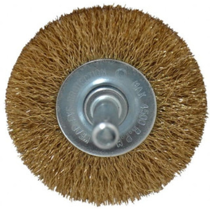 Value Collection 2 OD, 1/4 Shank Diam, Crimped Brass-Coated Steel Wheel Brush 9/32 Face Width, 3/8 Trim Length, 0.008 Filament Diam, 4,500 RPM S04065199 – 04065199