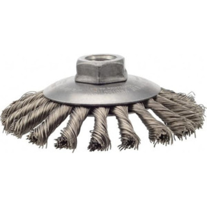 Weiler Abrasives 4-1/2 OD, 5/8-11 Arbor Hole, Knotted Stainless Steel Wheel Brush 3/8 Face Width, 1 Trim Length, 0.02 Filament Diam, 12,500 RPM 13486 – 75848903