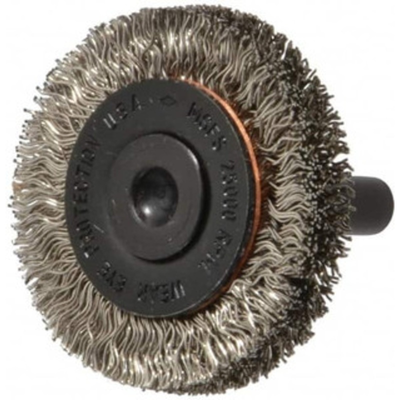 Osborn 1-1/2 OD, 1/4 Shank Diam, Crimped Stainless Steel Wheel Brush 3/8 Face Width, 9/32 Trim Length, 0.012 Filament Diam, 25,000 RPM 0001144800 – 06082176