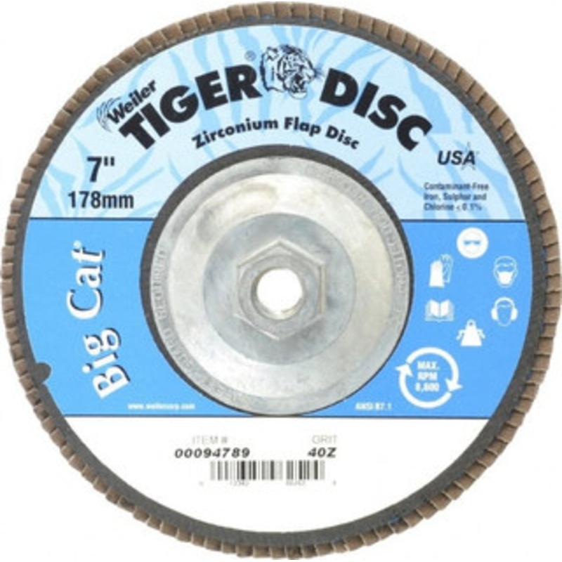 Weiler Abrasives 7 40 Grit 5/8-11 Center Hole Type 27 Zirconia Alumina Flap Disc Coarse Grade, Coated, Arbor Attachment, Phenolic Backing, 8,600 RPM 96252 – 00094789