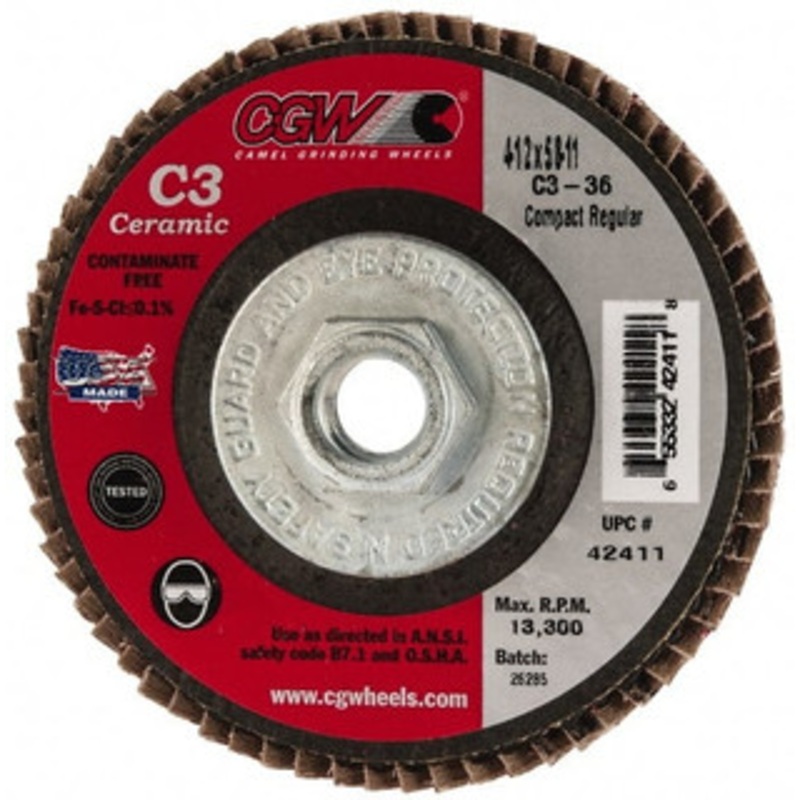 CGW Abrasives 4-1/2 36 Grit 5/8-11 Center Hole Ceramic Flap Disc Very Coarse Grade, Coated, Arbor Attachment, Polyester Backing, 13,300 RPM 42411 – 63009633
