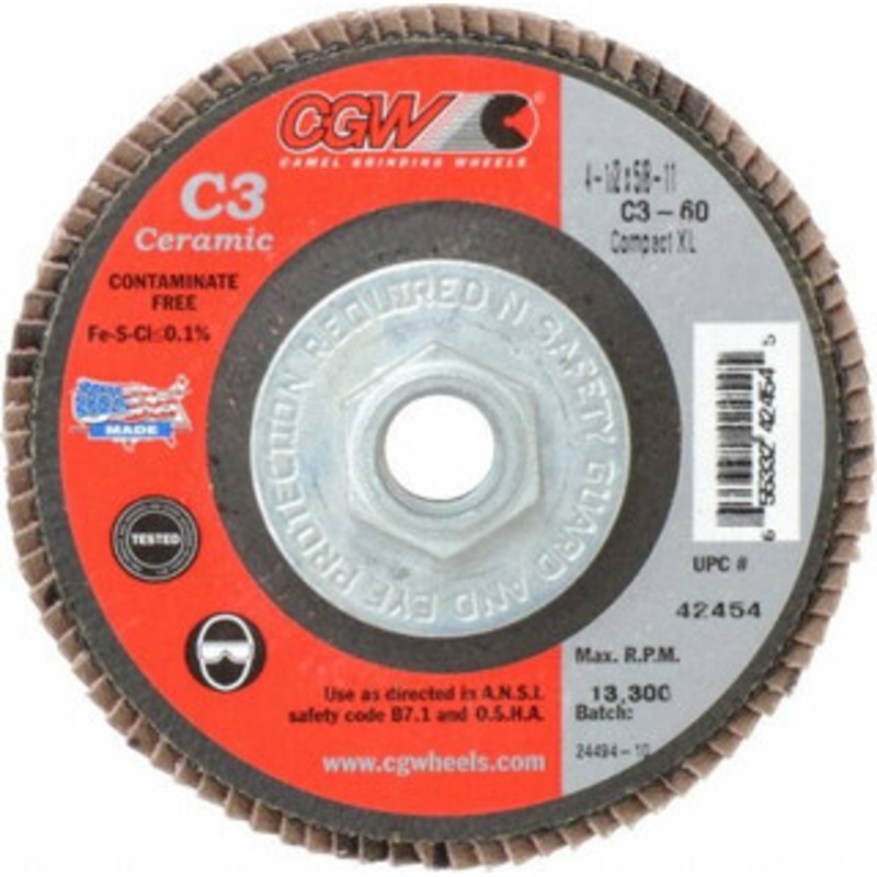 CGW Abrasives 4-1/2 60 Grit 5/8-11 Center Hole Ceramic Flap Disc Medium Grade, Coated, Arbor Attachment, Polyester Backing, 13,300 RPM 42454 – 63009732