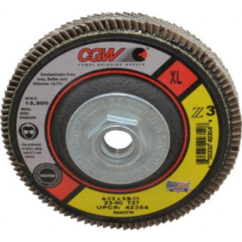 CGW Abrasives 4-1/2 60 Grit 5/8-11 Center Hole Type 27 Zirconia Alumina Flap Disc Medium Grade, Coated, Arbor Attachment, Poly Cotton Backing, 13,300 RPM 42354 – 02555779