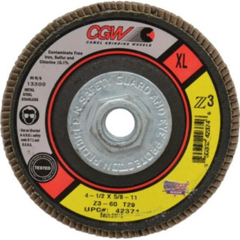 CGW Abrasives 4-1/2 60 Grit 5/8-11 Center Hole Type 29 Zirconia Alumina Flap Disc Medium Grade, Coated, Arbor Attachment, Poly Cotton Backing, 13,300 RPM 42374 – 02555886