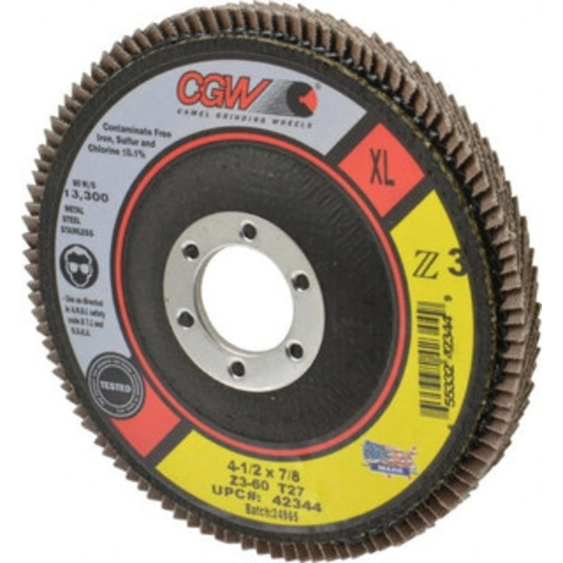 CGW Abrasives 4-1/2 60 Grit 7/8 Center Hole Type 27 Zirconia Alumina Flap Disc Medium Grade, Coated, Arbor Attachment, Poly Cotton Backing, 13,300 RPM 42344 – 56437734