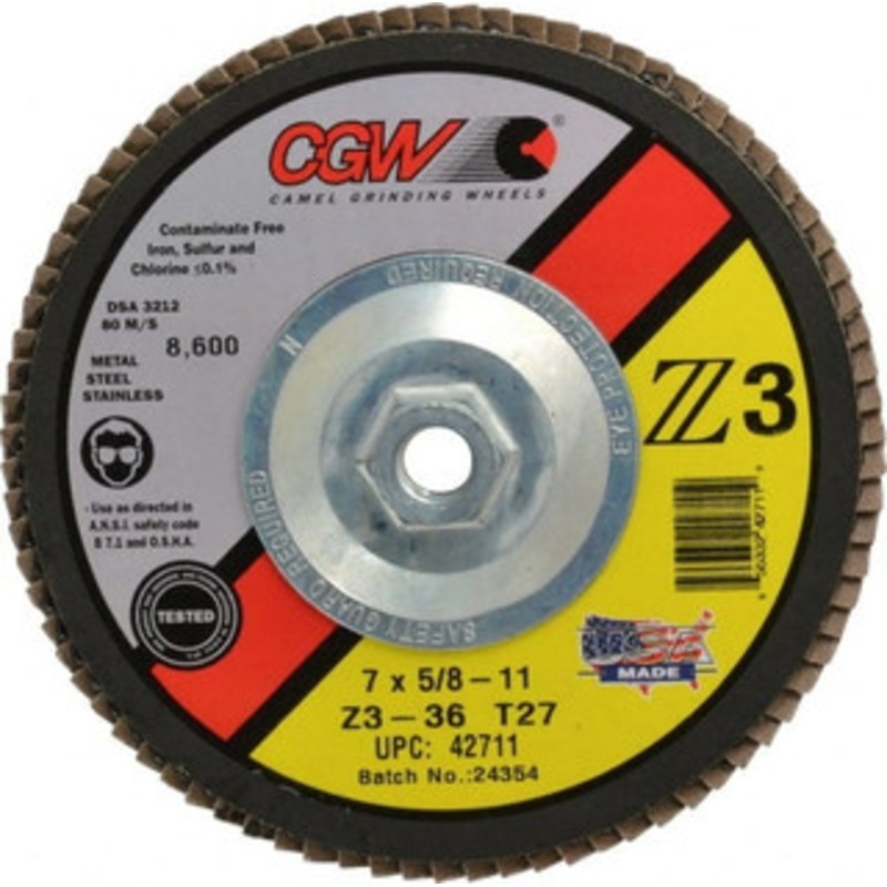 CGW Abrasives 7 36 Grit 5/8-11 Center Hole Type 27 Zirconia Alumina Flap Disc Very Coarse Grade, Coated, Arbor Attachment, Poly Cotton Backing, 8,600 RPM 42711 – 56435316