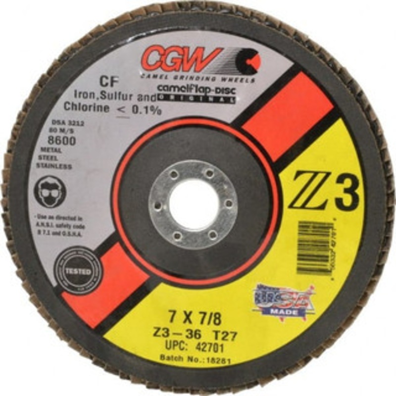 CGW Abrasives 7 36 Grit 7/8 Center Hole Type 27 Zirconia Alumina Flap Disc Very Coarse Grade, Coated, Arbor Attachment, Poly Cotton Backing, 8,600 RPM 42701 – 60836848