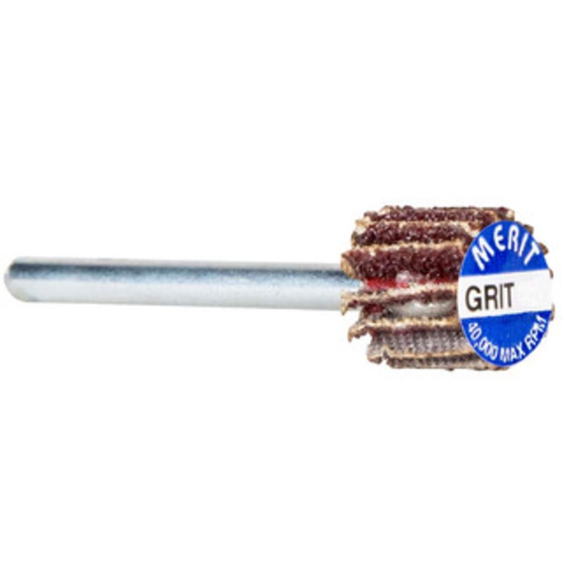 Merit Abrasives 3/8 Diam x 3/8 Face Width, Very Fine Aluminum Oxide Coated Mounted Flap Wheel 1/8 Shank Mount, 240 Grit, Cloth Backing, 40,000 Max RPM 08834137474 – 09608480
