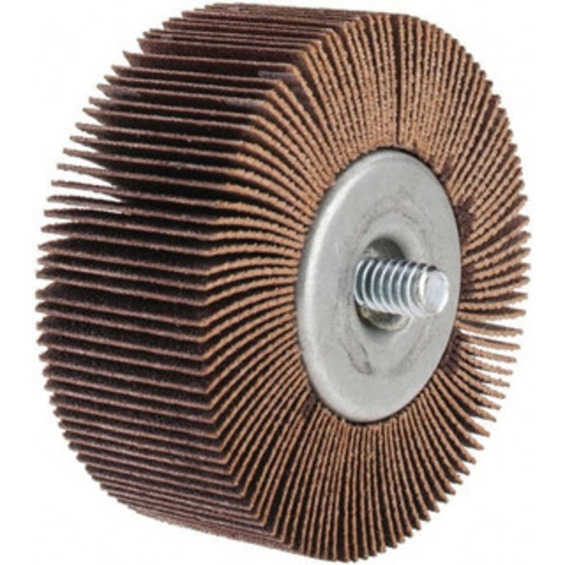 Norton 2-1/2 Diam x 1 Face Width, Fine Aluminum Oxide Coated Mounted Flap Wheel 1/4-20 Threaded Mount, 120 Grit, Cloth Backing, 23,000 Max RPM 63642502656 – 05098504