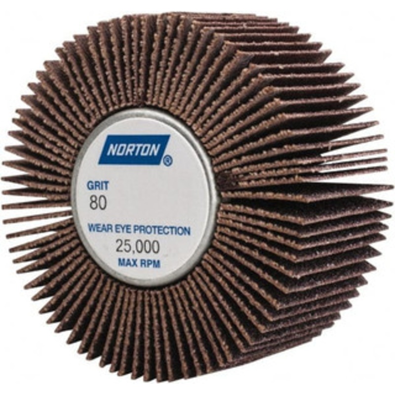 Norton 2 Diam x 1 Face Width, Medium Aluminum Oxide Coated Mounted Flap Wheel 1/4-20 Threaded Mount, 80 Grit, Cloth Backing, 23,000 Max RPM 63642502647 – 05098363