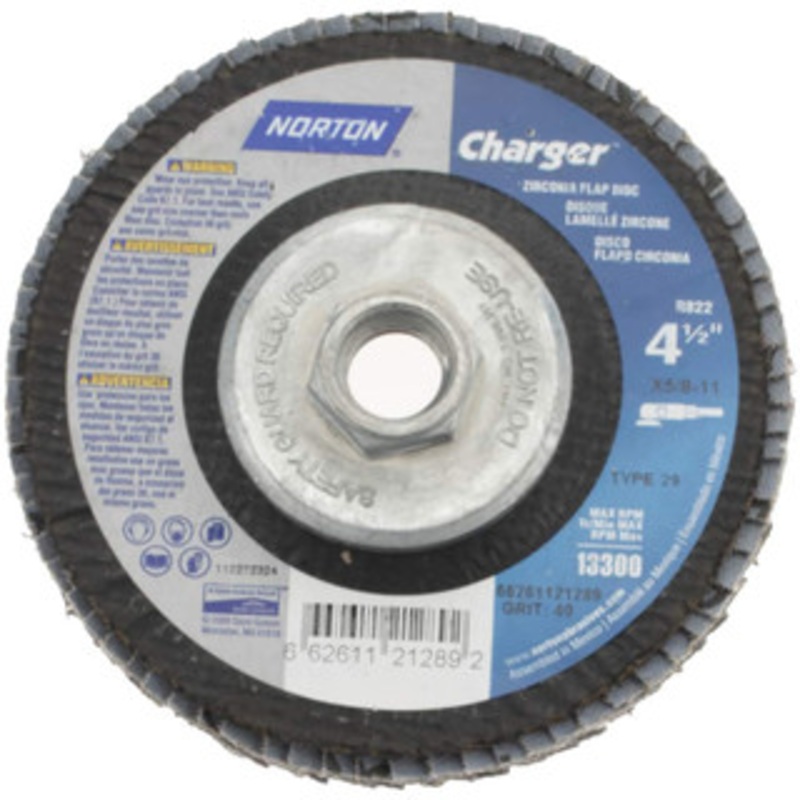 Norton 4-1/2 40 Grit 5/8-11 Center Hole Type 29 Zirconia Alumina Flap Disc Coarse Grade, Coated, Arbor Attachment, Fiberglass Backing, 13,000 RPM 66261121289 – 88988092