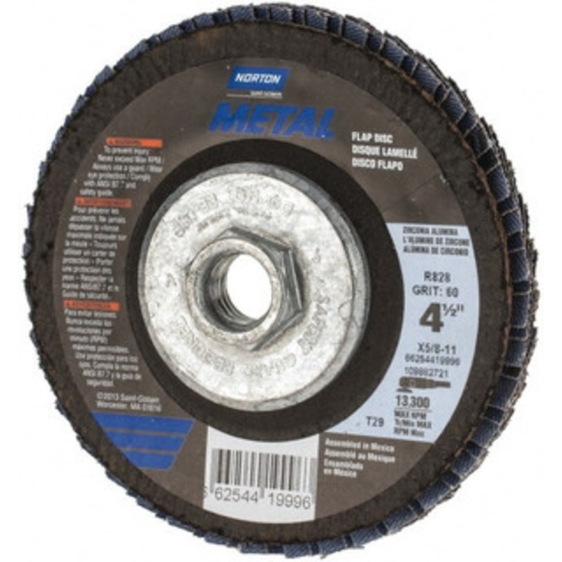 Norton 4-1/2 60 Grit 5/8-11 Center Hole Type 29 Zirconia Alumina Flap Disc Medium Grade, Coated, Arbor Attachment, Fiberglass Backing, 13,300 RPM 66254419996 – 45451259