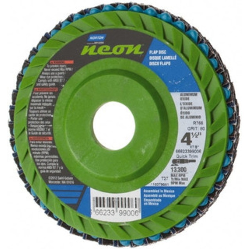 Norton 4-1/2 80 Grit 7/8 Center Hole Type 27 Ceramic Alumina Flap Disc Medium Grade, Coated, Arbor Attachment, Polyester Backing, 13,300 RPM 66623399006 – 56275761