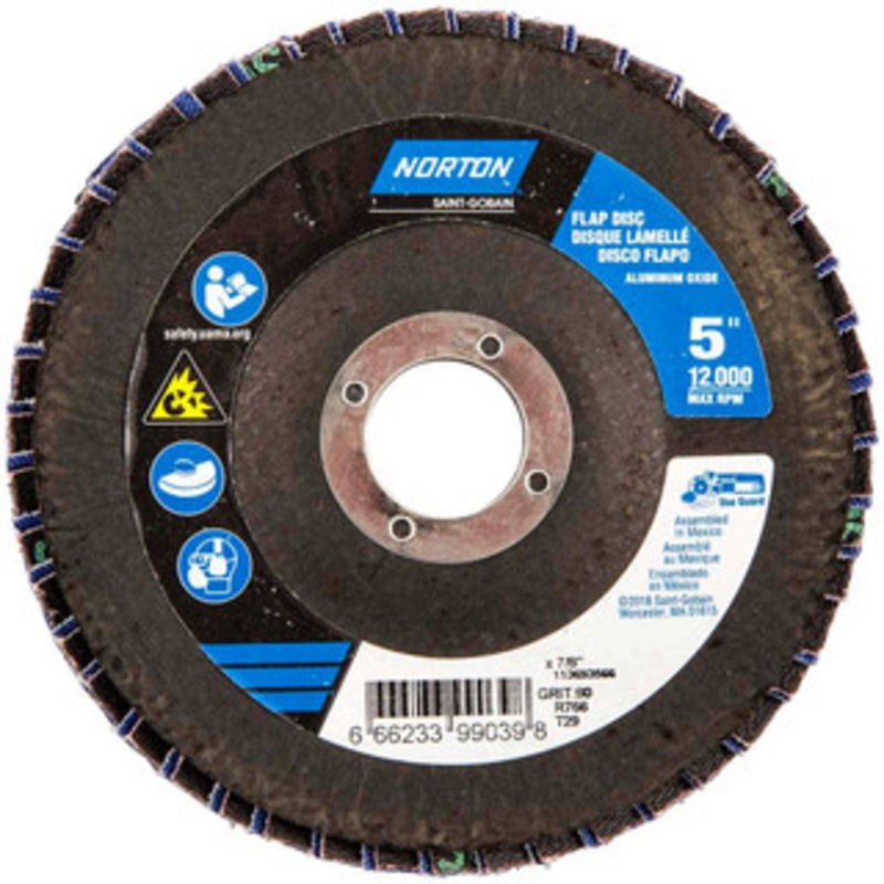 Norton 5 80 Grit 7/8 Center Hole Type 29 Ceramic Alumina Flap Disc Medium Grade, Coated, Arbor Attachment, Polyester Backing, 12,000 RPM 66623399039 – 30189716