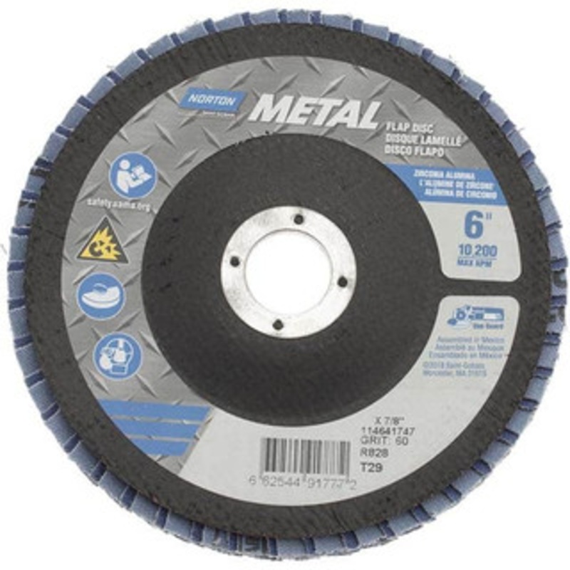 Norton 6 60 Grit 7/8 Center Hole Type 29 Zirconia Alumina Flap Disc Medium Grade, Coated, Arbor Attachment, Fiberglass Backing, 10,200 RPM 66254491777 – 41636085