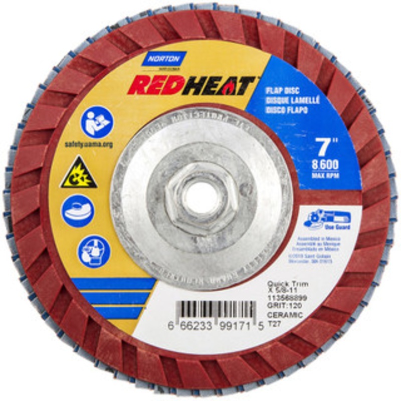 Norton 7 120 Grit 5/8-11 Center Hole Type 27 Ceramic Alumina Flap Disc Medium Grade, Coated, Arbor Attachment, Plastic Backing, 8,600 RPM 66623399171 – 36044519