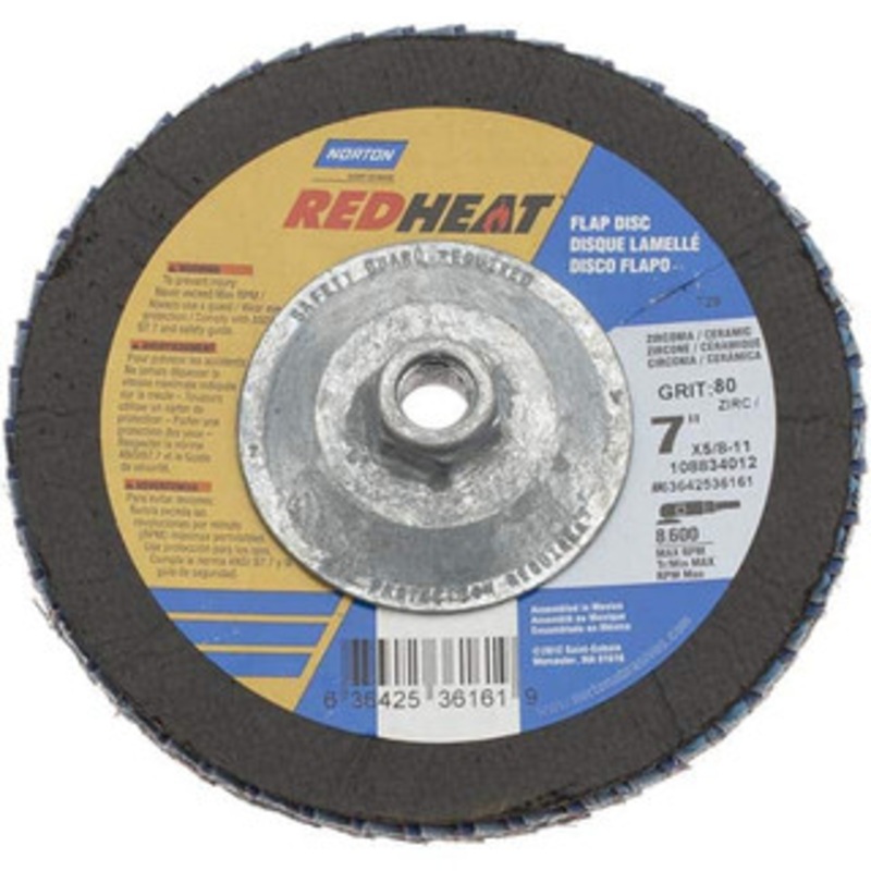 Norton 7 80 Grit 5/8-11 Center Hole Type 29 Ceramic Flap Disc Medium Grade, Coated, Arbor Attachment, Fiberglass Backing, 8,600 RPM 63642536161 – 09258328