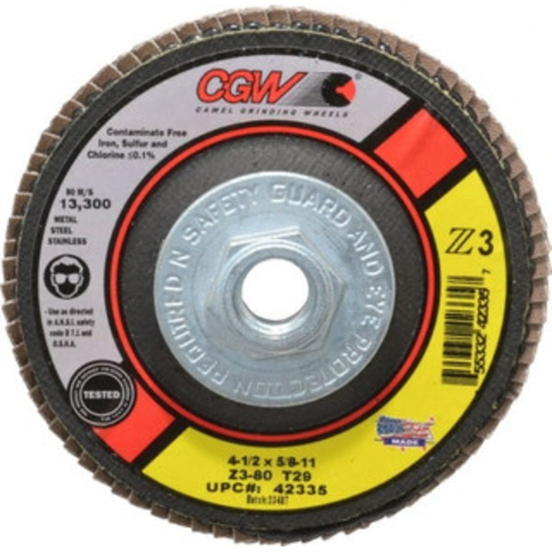 CGW Abrasives 4-1/2 80 Grit 5/8-11 Center Hole Type 29 Zirconia Alumina Flap Disc Medium Grade, Coated, Arbor Attachment, Poly Cotton Backing, 13,300 RPM 42335 – 82283938