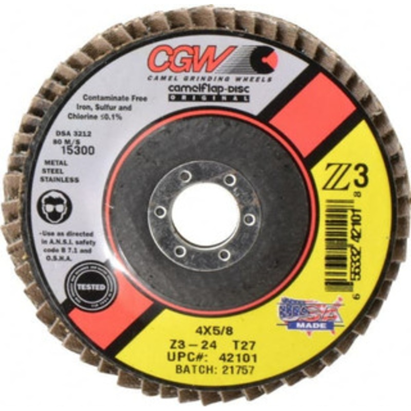 CGW Abrasives 4 24 Grit 5/8 Center Hole Type 27 Zirconia Alumina Flap Disc Very Coarse Grade, Coated, Arbor Attachment, Poly Cotton Backing, 15,300 RPM 42101 – 56436645