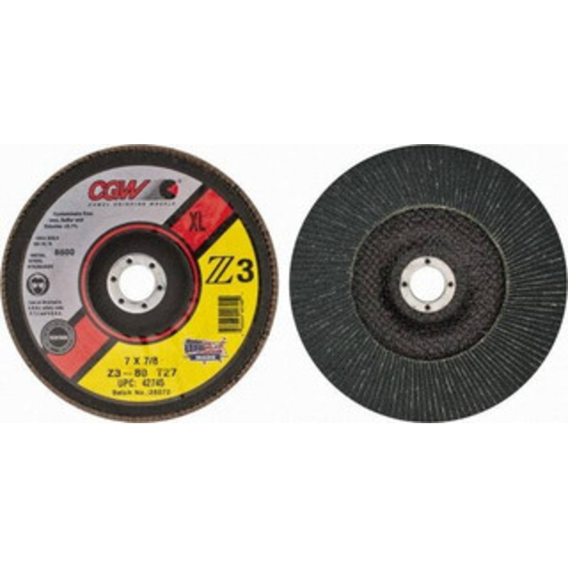 CGW Abrasives 7 80 Grit 7/8 Center Hole Type 27 Zirconia Alumina Flap Disc Medium Grade, Coated, Arbor Attachment, Poly Cotton Backing, 8,600 RPM 42745 – 02555829
