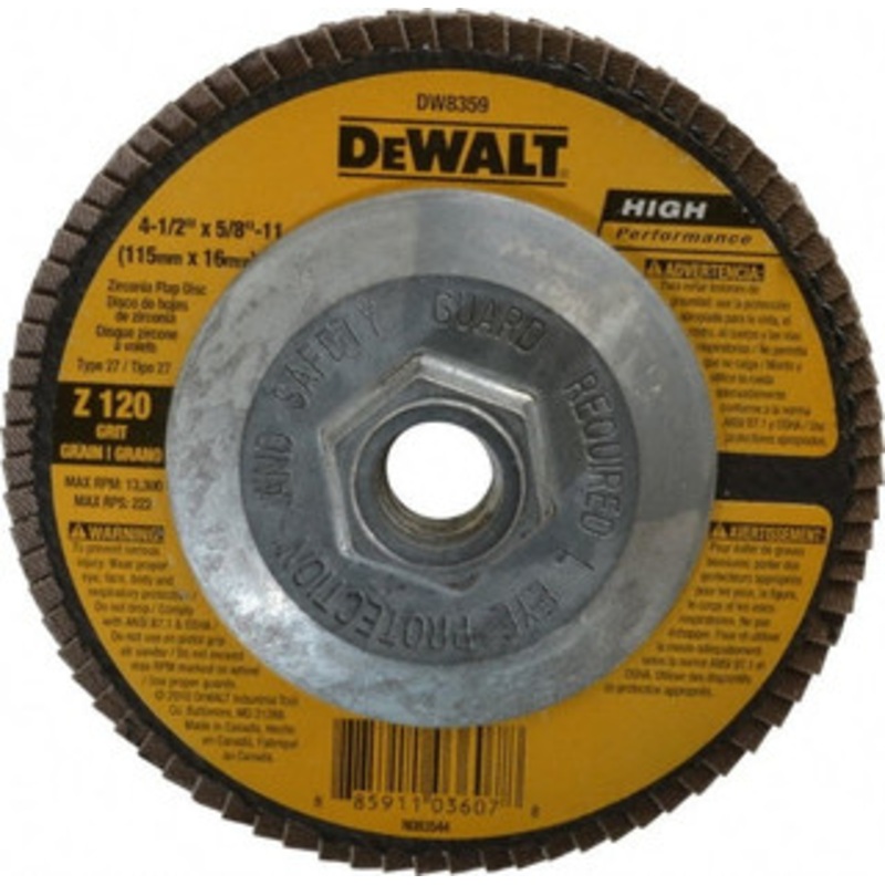 DeWALT 4-1/2 120 Grit 5/8-11 Center Hole Type 27 Zirconia Alumina Flap Disc Fine Grade, Coated, Arbor Attachment, Fiberglass Backing, 13,300 RPM DW8359 – 40582447