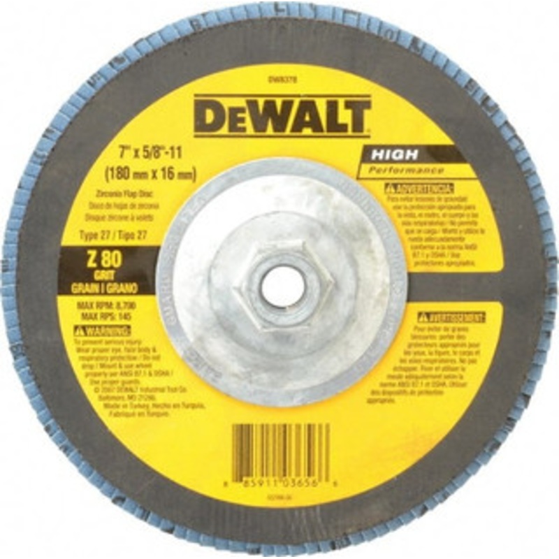 DeWALT 7 80 Grit 5/8-11 Center Hole Type 27 Zirconia Alumina Flap Disc Medium Grade, Coated, Arbor Attachment, Fiberglass Backing, 8,700 RPM DW8378 – 50960277