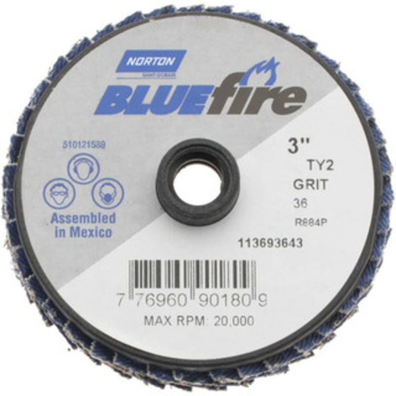 Norton 3 36 Grit Type 27 Zirconia Alumina Flap Disc Coarse Grade, Coated, Quick Change Type S Attachment, Fiberglass Backing, 30,000 RPM 77696090180 – 68540988