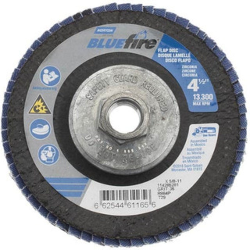 Norton 4-1/2 36 Grit 5/8-11 Center Hole Type 29 Zirconia Alumina Flap Disc Very Coarse Grade, Coated, Arbor Attachment, Cloth Backing, 13,300 RPM 66254461165 – 30189369