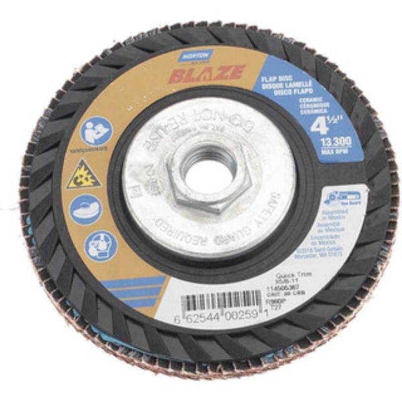 Norton 4-1/2 80 Grit 5/8-11 Center Hole Type 27 Ceramic Flap Disc Medium Grade, Coated, Arbor Attachment, Plastic Backing 66254400259 – 42065003