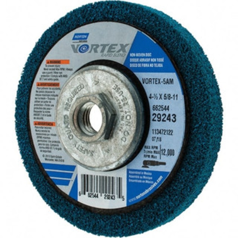 Norton 4-1/2 Diam, 1/2 Face Width, Medium Grade, Aluminum Oxide Deburring Disc 5/8-11 Center Hole, 12,000 MAX RPM 66254429243 – 61744298