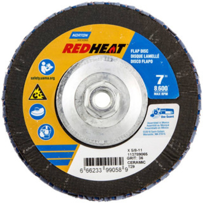 Norton 7 36 Grit 5/8-11 Center Hole Type 29 Ceramic Alumina Flap Disc Coarse Grade, Coated, Arbor Attachment, Fiberglass Backing, 8,600 RPM 66623399058 – 36044378