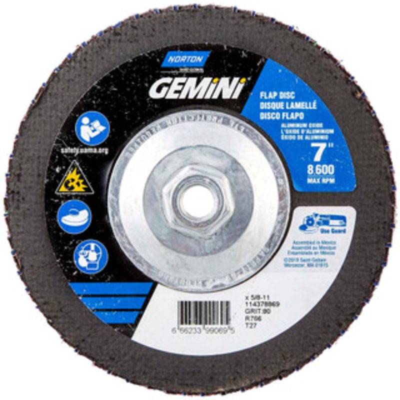 Norton 7 80 Grit 5/8-11 Center Hole Type 27 Ceramic Alumina Flap Disc Medium Grade, Coated, Arbor Attachment, Polyester Backing, 8,600 RPM 66623399069 – 56275456