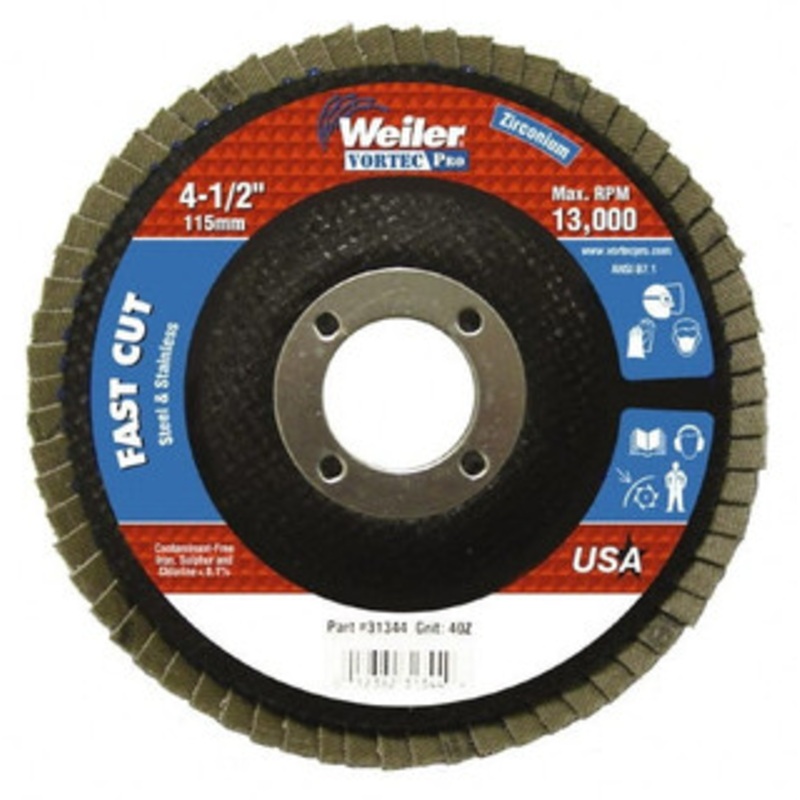 Weiler Abrasives 4-1/2 40 Grit 7/8 Center Hole Type 29 Zirconia Alumina Flap Disc Coarse Grade, Coated, Arbor Attachment, Phenolic Backing, 13,000 RPM 31344 – 85760775