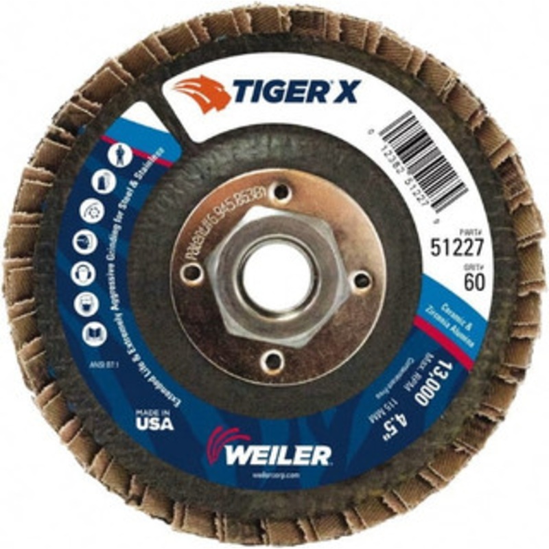 Weiler Abrasives 4-1/2 60 Grit 5/8-11 Center Hole Type 27 Zirconia Alumina Flap Disc Medium Grade, Coated, Arbor Attachment, Phenolic Backing, 13,000 RPM 51227 – 46905808
