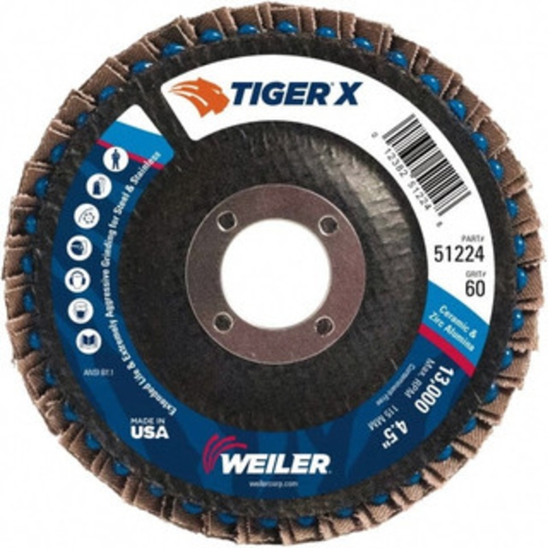 Weiler Abrasives 4-1/2 60 Grit 7/8 Center Hole Type 27 Zirconia Alumina Flap Disc Medium Grade, Coated, Arbor Attachment, Phenolic Backing, 13,000 RPM 51224 – 36024511