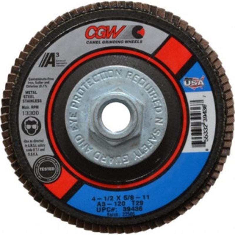 CGW Abrasives 4-1/2 120 Grit 5/8-11 Center Hole Type 29 Aluminum Oxide Flap Disc Fine Grade, Coated, Arbor Attachment, Polyester Backing, 13,300 RPM 39436 – 02555324