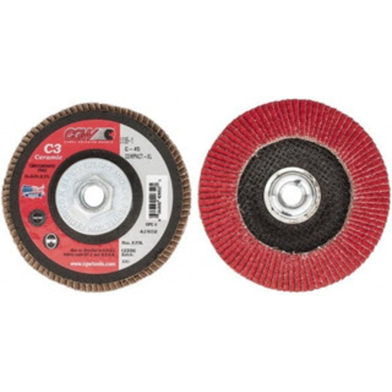 CGW Abrasives 5 40 Grit 5/8-11 Center Hole Ceramic Flap Disc Coarse Grade, Coated, Arbor Attachment, Polyester Backing, 12,200 RPM 42652 – 63009880