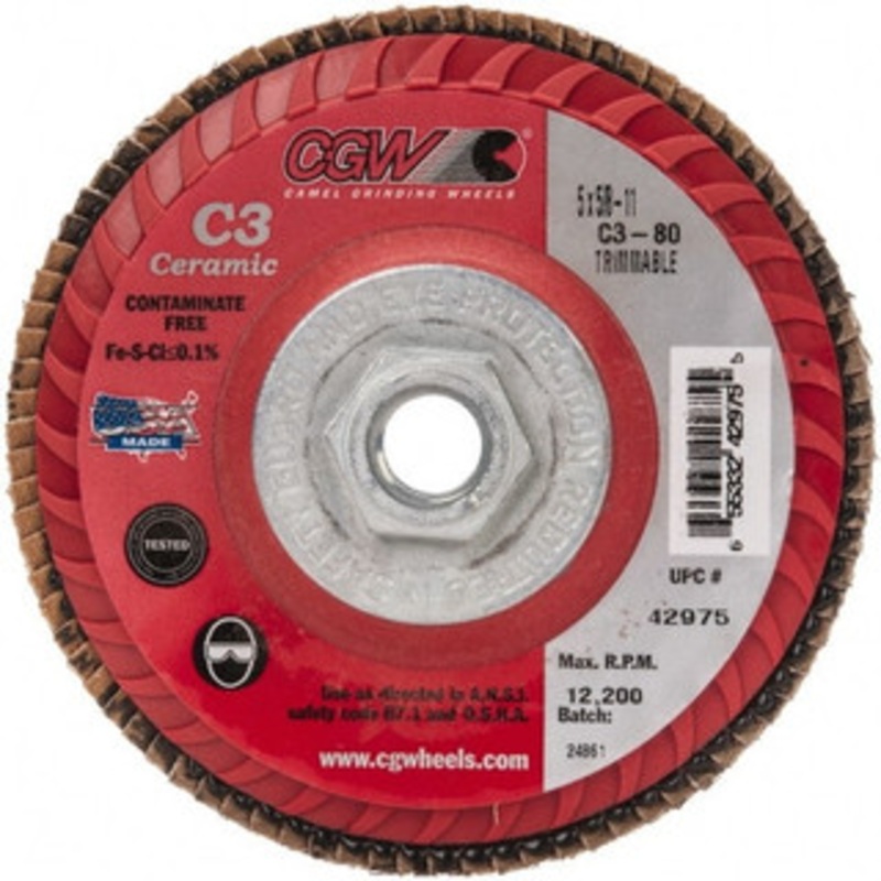 CGW Abrasives 5 80 Grit 5/8-11 Center Hole Type 27 Ceramic Flap Disc Fine Grade, Coated, Arbor Attachment, Polyester Backing, 12,200 RPM 42975 – 78916913