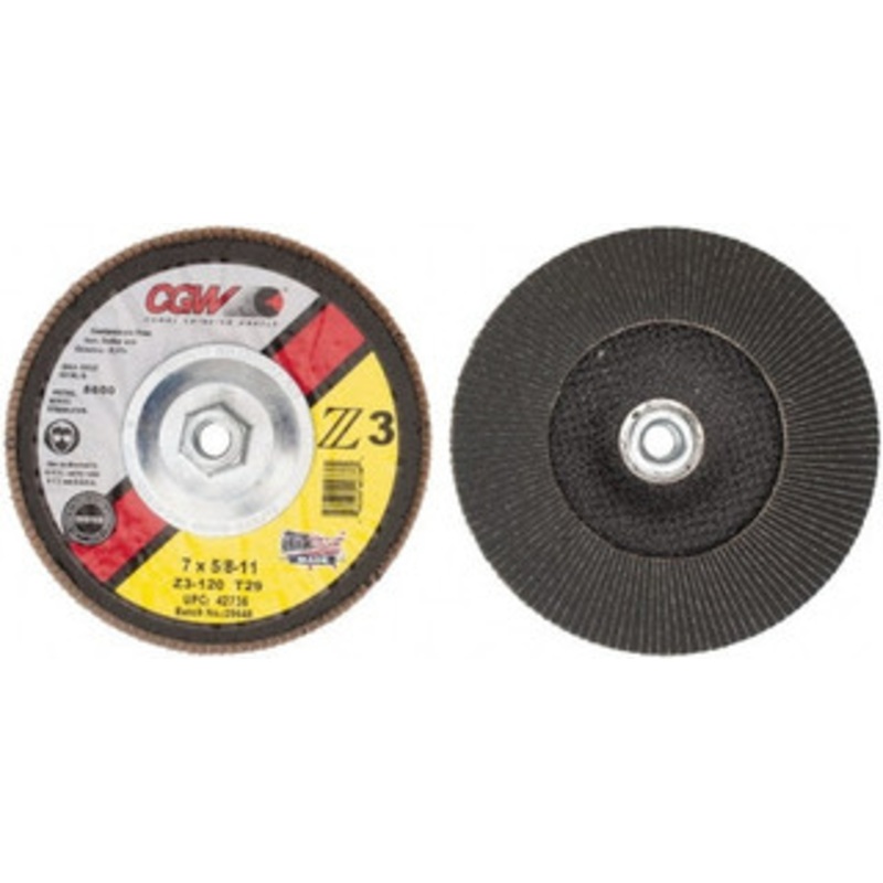 CGW Abrasives 7 120 Grit 5/8-11 Center Hole Type 29 Zirconia Alumina Flap Disc Fine Grade, Coated, Arbor Attachment, Poly Cotton Backing, 8,600 RPM 42736 – 56435357