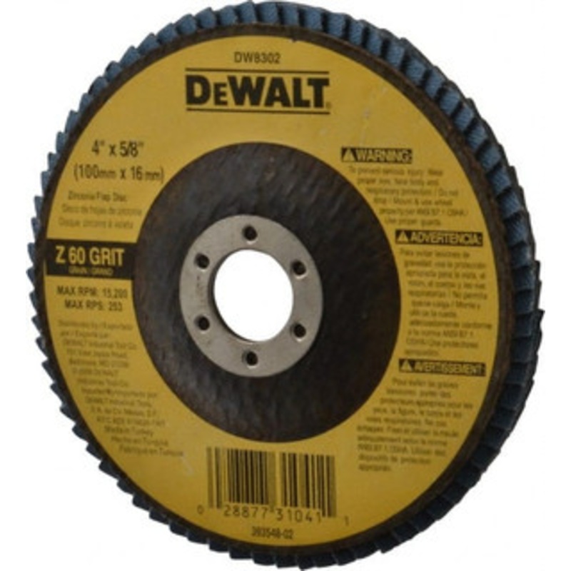 DeWALT 4 60 Grit 5/8 Center Hole Type 27 Zirconia Alumina Flap Disc Medium Grade, Coated, Arbor Attachment, Fiberglass Backing, 15,200 RPM DW8302 – 73201238